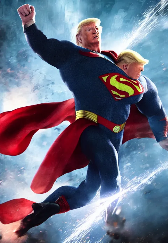 Image similar to Portrait of Donald Trump as superman in Gears of War, splash art, movie still, cinematic lighting, dramatic, octane render, long lens, shallow depth of field, bokeh, anamorphic lens flare, 8k, hyper detailed, 35mm film grain