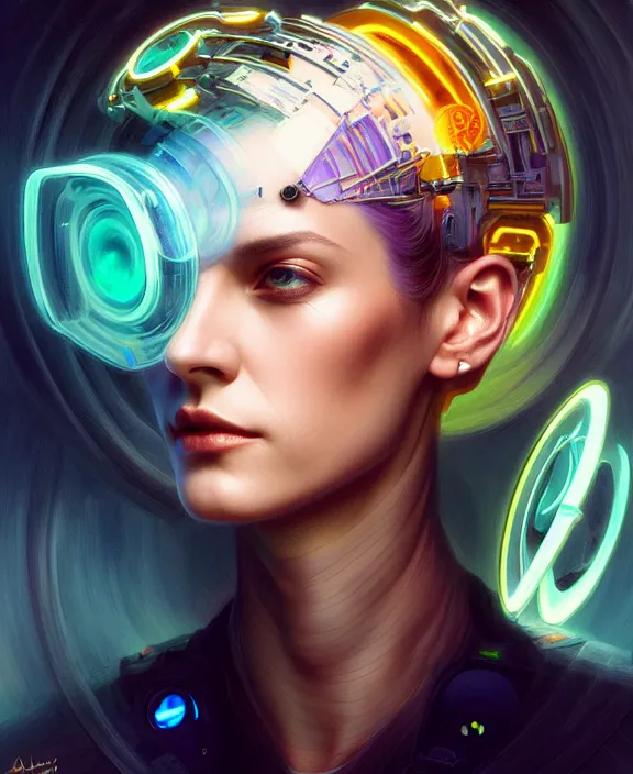 Image similar to a whirlwind inside the metaverse, male, hologram, half body, neurochip, shaved temple, piercing, jewelry, android, cyborg, cyberpunk face, by loish, d & d, fantasy, intricate, elegant, highly detailed, colorful, digital painting, artstation, concept art, art by artgerm and greg rutkowski and alphonse mucha