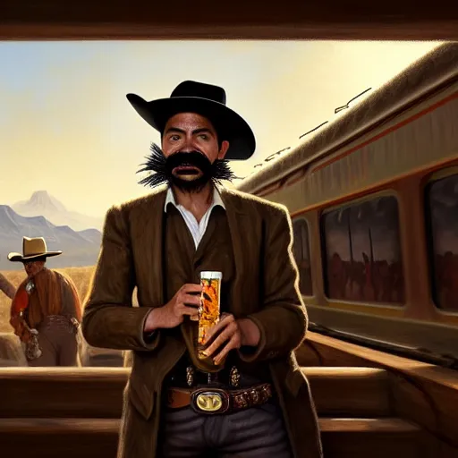 Prompt: illustration of a mexican man, missing one front teeth, with one small, dirt, wild west, with hat drinking a beer on train station, fantasy, intricate, elegant, highly detailed, digital painting, artstation, concept art, matte, sharp focus, art by aenaluck and roberto ferri and greg rutkowski, epic, juan caloto,