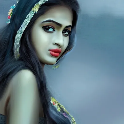 Image similar to a matte painting of a beautiful Bengali girl, trending on Art Station