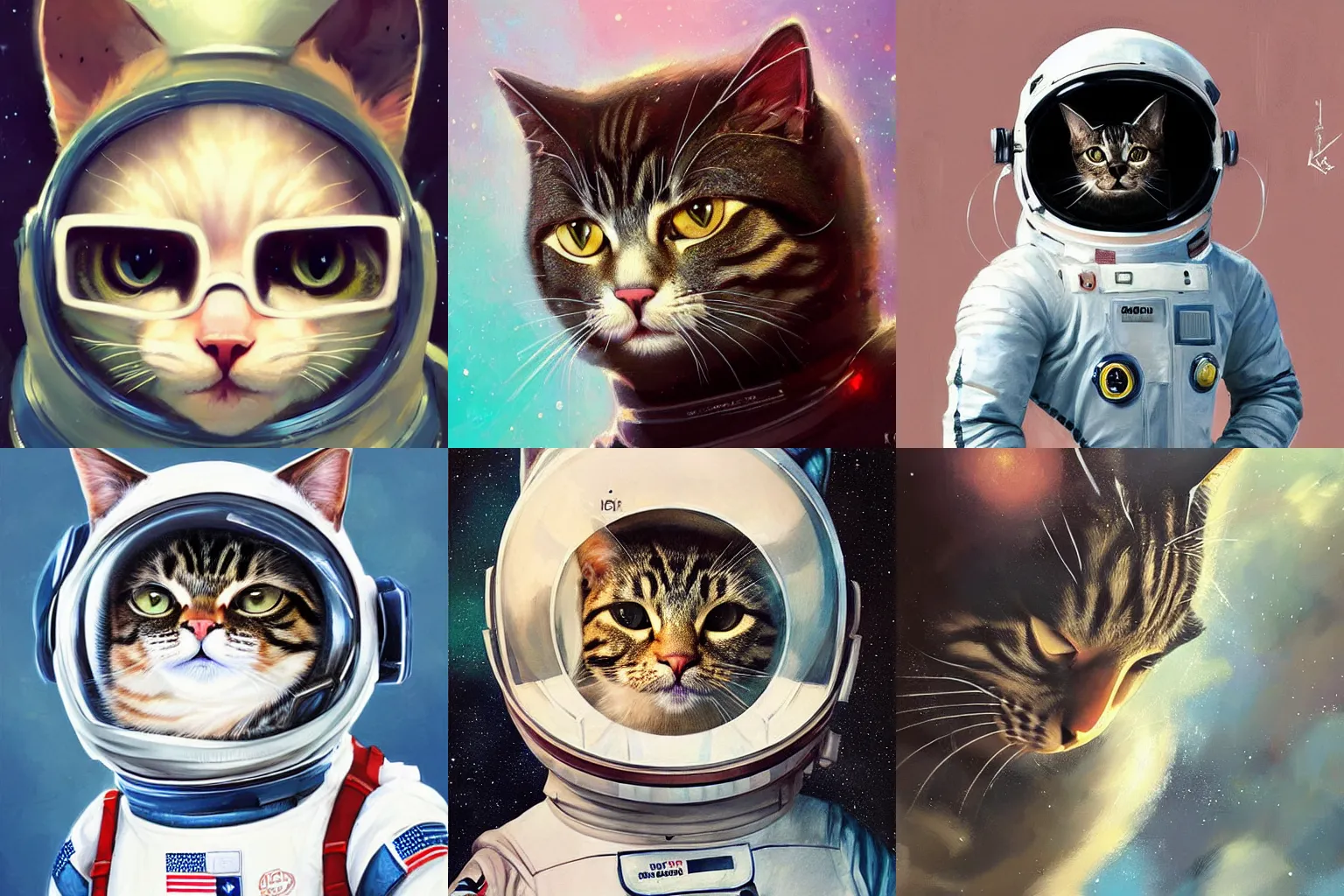 Image similar to head and shoulders masterpiece portrait of a cat wearing a spacesuit, surreal background, digital art by Krenz Cushart, trending on artstation, cgsociety,