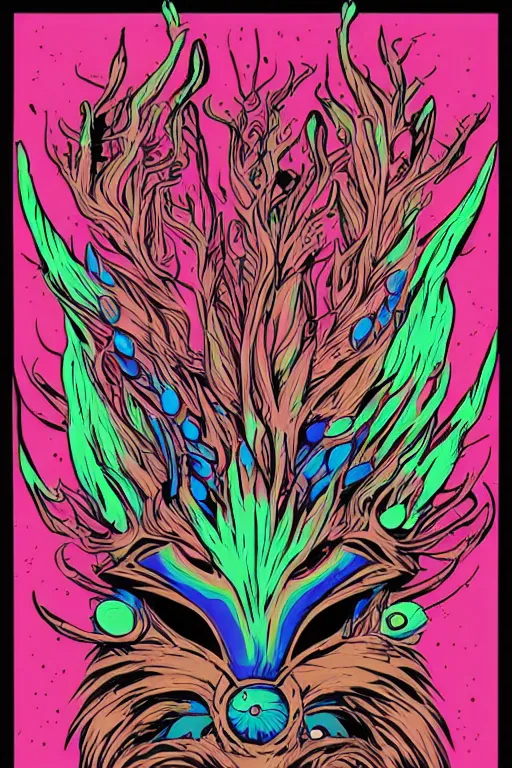 Image similar to animal mask totem roots flower tribal feather gemstone plant wood rock shaman vodoo video game vector cutout illustration vivid multicolor borderlands comics by josan gonzales and dan mumford radiating a glowing aura