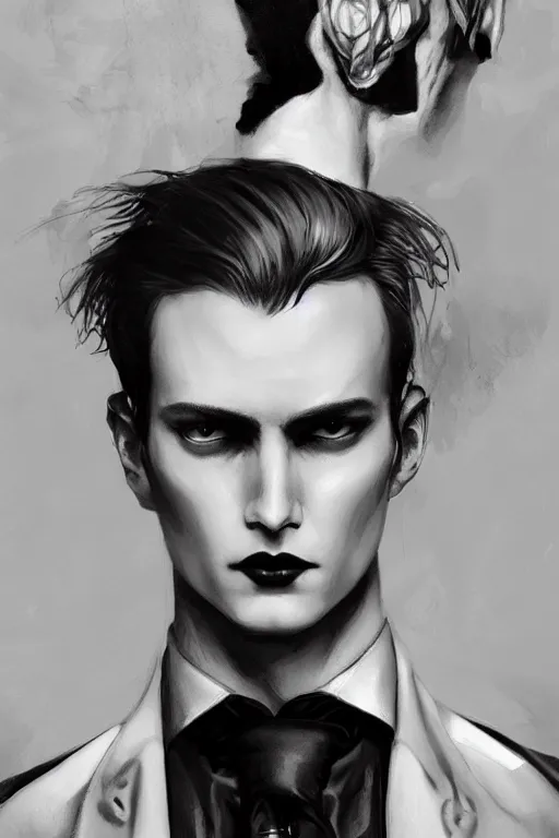 Prompt: a handsome man, short white hair, goth, intricate, elegant, dramatic lighting, gorgeous face, black leather jacket, highly detailed, lifelike, photorealistic, digital painting, artstation, illustration, concept art, smooth, sharp focus, art by John Collier and Albert Aublet and Krenz Cushart and Artem Demura and Alphonse Mucha