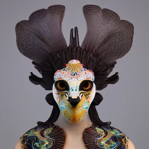 Image similar to 3 d goddess close - up profile portrait russian with ram skull. beautiful intricately detailed japanese crow kitsune mask and clasical japanese kimono. betta fish, jellyfish phoenix, bio luminescent, plasma, ice, water, wind, creature, artwork by tooth wu and wlop and beeple and greg rutkowski