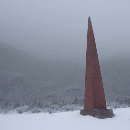 Image similar to a monolithic obelisk towering over a mountain in a taiga. overcast sky, grainy, snowing.