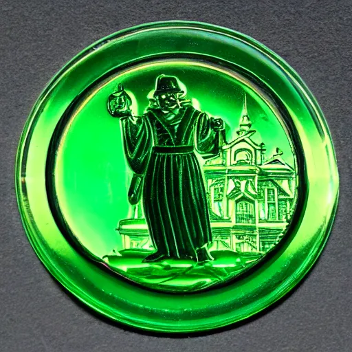 Prompt: green translucent coin in shape of labyrinth