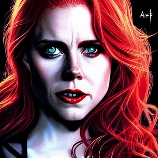 Image similar to vampire : : rafeal albuquerque comic art, artgerm : : gorgeous amy adams : : sharp teeth : : symmetrical face, symmetrical eyes : : gorgeous red hair : : magic lighting : :