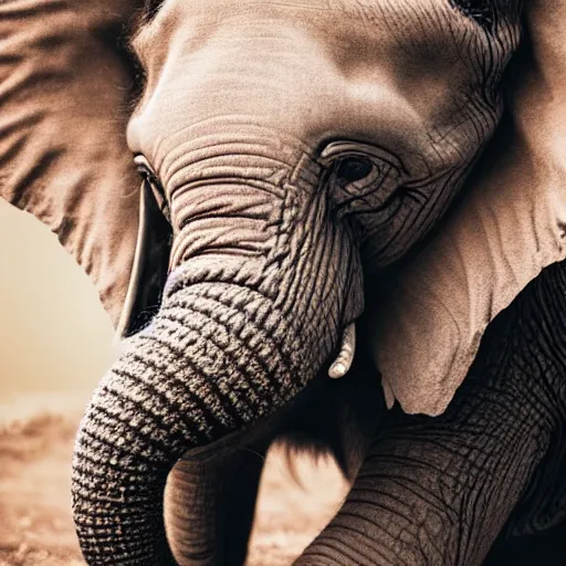 Image similar to a closeup photorealistic photograph of a cute smiling knitted baby elephant, professional capture, well lit shot. this 4 k hd image is trending on artstation, featured on behance, well - rendered, extra crisp, features intricate detail, epic composition and the style of unreal engine.