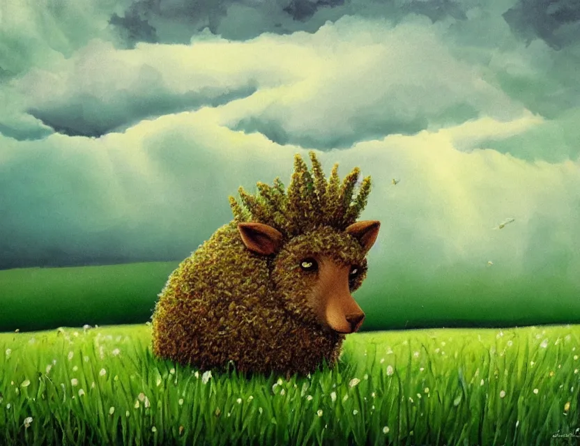 Prompt: wild chia pet in the meadow, stormy skies. russian fairytale art, gouache, dynamic composition, backlighting