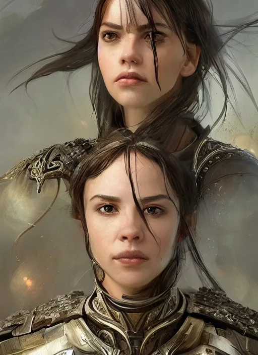 Image similar to a professional portrait of a beautiful young female, clothed in ethereal battle armor, olive skin, long dark hair, beautiful bone structure, symmetrical facial features, intricate, elegant, digital painting, concept art, smooth, sharp focus, finely detailed, illustration, from Valerian and the City of a Thousand Planets, in the style of Ruan Jia and Mandy Jurgens and Artgerm and Greg Rutkowski and William-Adolphe Bouguerea