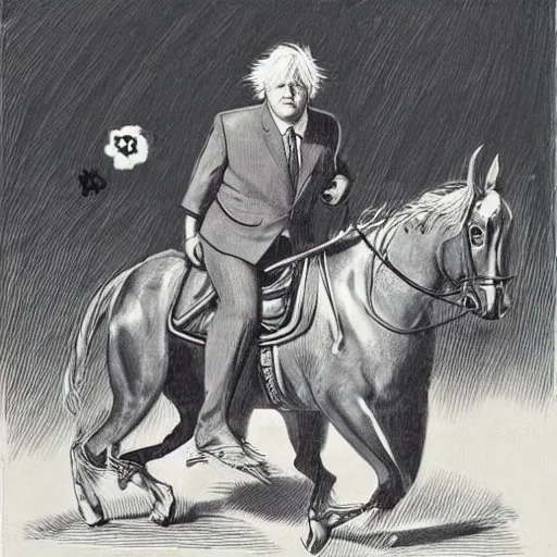 Image similar to a portrait of boris johnson in boxer shorts riding a horse, communist propaganda