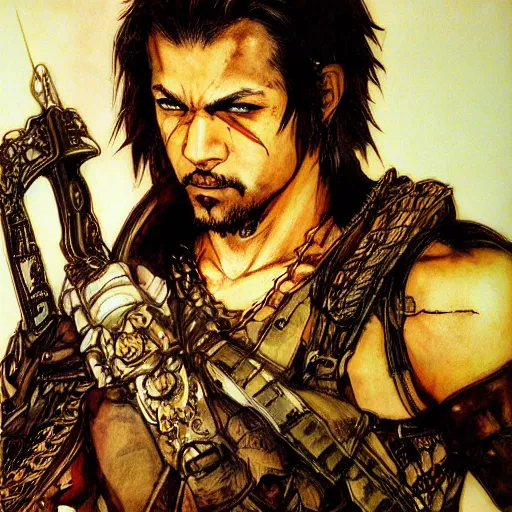 Image similar to portrait of a hero holding his sword in front of his face by yoji shinkawa, high quality, extra details, realism, american, brown eyes, hispanic, ornate, colored, golden chain, blood