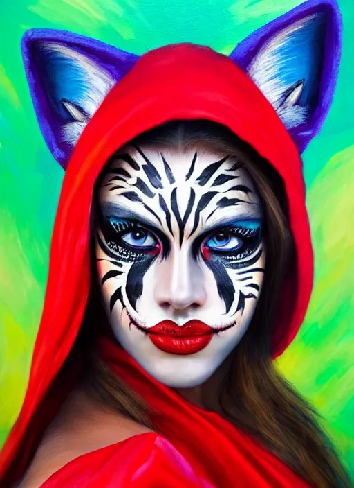Image similar to photo of a gorgeous Beautiful face Portrait of Little Red Riding Hood with a rainbow panther, face painting, woman in the style of stefan kostic, wild, realistic, sharp focus, 8k high definition, insanely detailed, intricate, elegant, art by stanley lau and artgerm
