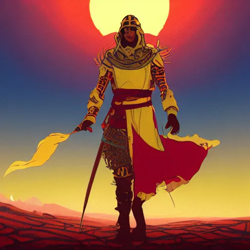 Image similar to an ultra detailed vector image of solaire of astora dressed as the prince of persia, concept art by alphonse mucha and greg rutkowski, bright red desert sands, bright yellow and red sun, octane render, liminal space