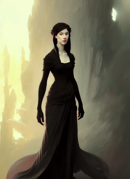 Prompt: character concept portrait of a female wizard with pale skin, wearing an elegant dress, dark vibe, intricate, elegant, digital painting, concept art, smooth, sharp focus, illustration, by Ruan Jia and Mandy Jurgens and William-Adolphe Bouguereau, Artgerm,