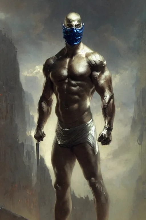 Image similar to A man wearing silver mask, muscular, painting by greg rutkowski and Gaston Bussiere