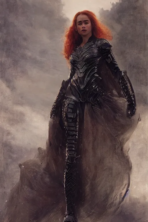 Prompt: redhead emilia clarke wearing black geometric armour, bare legs, detailed, by gaston bussiere, bayard wu, greg rutkowski, giger, maxim verehin, greg rutkowski, masterpiece, sharp focus, cinematic lightning