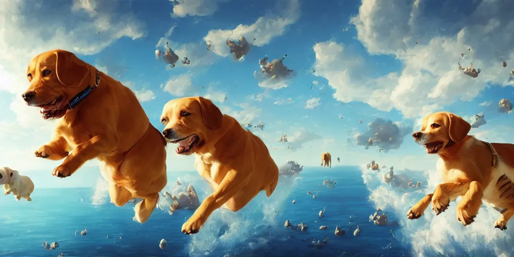 Image similar to Floating doggos saying MUCH WOWover a blue ocean, Darek Zabrocki, Karlkka, Jayison Devadas, Phuoc Quan, trending on Artstation, 8K, ultra wide angle, pincushion lens effect.