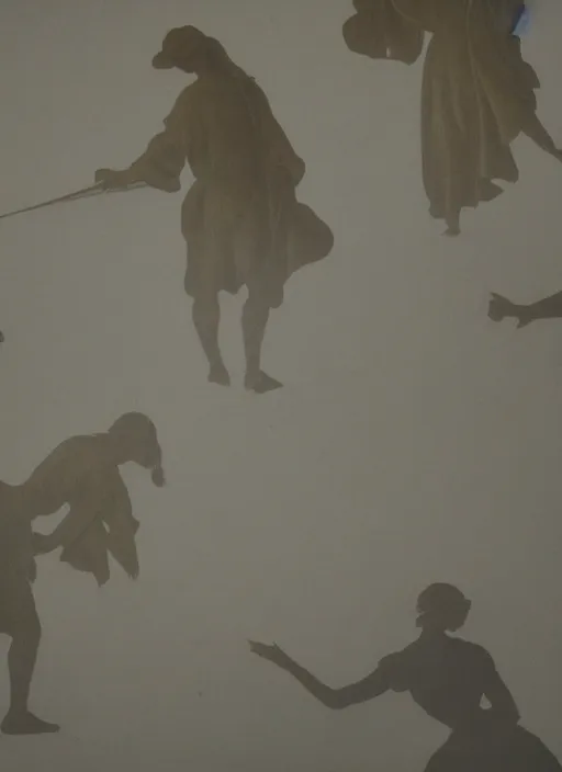 Image similar to hazy silhouettes of figures from baroque paintings on a white background