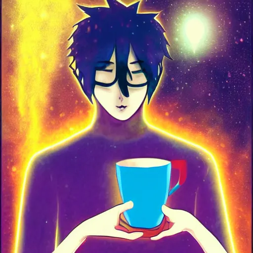 Image similar to A man drinking a cup of cosmic energy bright light by Park Sung-woo Red Ice, 4k, digital art, surreal, anime style,