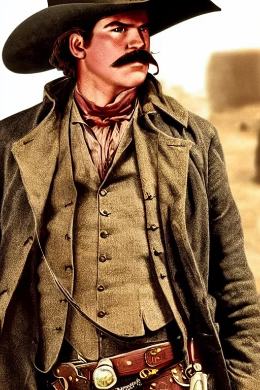 Image similar to highly photorealistic render of young val kimer as wyatt earp from tombstone set against a western town, intricate detail, attention to details, realistic color scheme, volumetric lighting