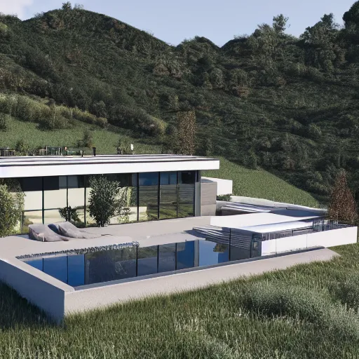 Prompt: Villa on the side of a hill. Designed by Peter Zumthor. Octane render. 8k. High detail.