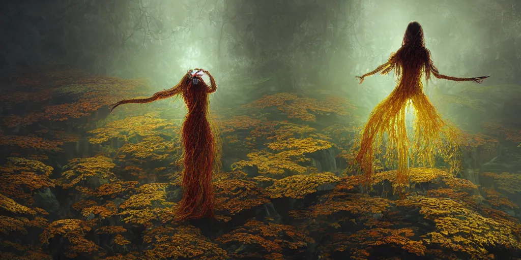 Image similar to Photorealistic intricate detailed picture of a levitating floating woman made from colorful fungus tendrils, with arms outstretched. a gentle rising mist, an epic rocky landscape. occult photorealism, UHD, amazing depth, glowing, golden ratio, 3D octane cycle unreal engine 5, volumetric lighting, cinematic lighting, cgstation artstation concept art