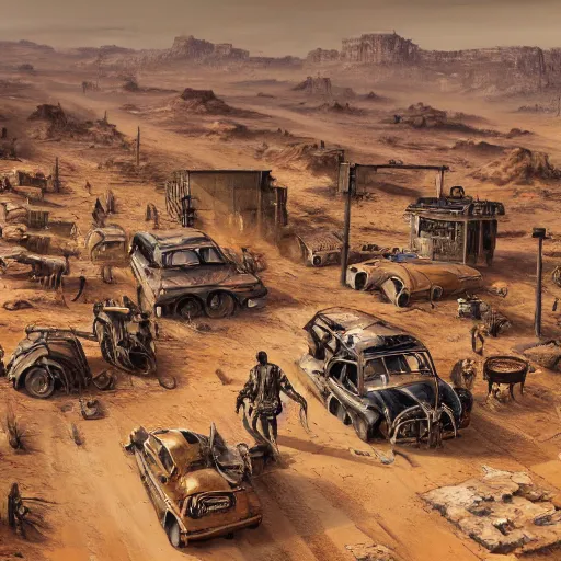 Image similar to highly detailed painting view from bird's eye postapo steampunk lively small but tall town in the middle of nowhere/wasteland endless empty desert in Mad Max style trending on Artstation, 4K, high quality