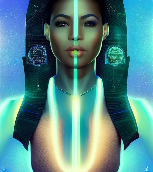 Image similar to symmetry!! egyptian princess of technology, solid cube of light, hard edges, product render retro - futuristic poster scifi, lasers and neon circuits, brown skin woman egyptian princess, intricate, elegant, highly detailed, digital painting, artstation, concept art, smooth, sharp focus, illustration, dreamlike, art by artgerm