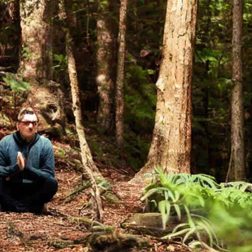 Image similar to chubby Steve Carell meditate in the Forest