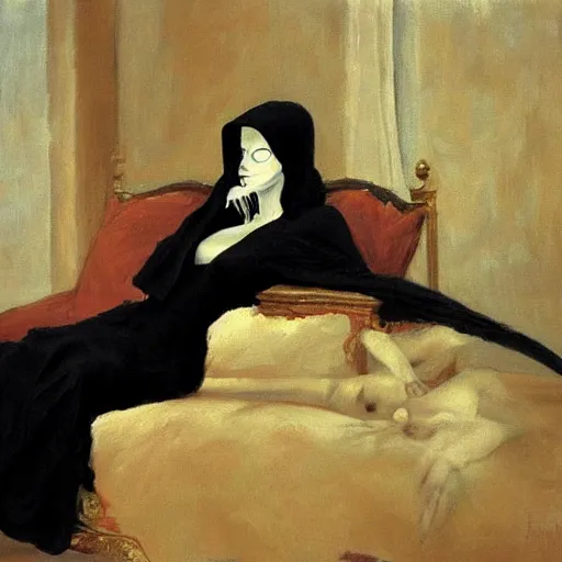 Image similar to grim reaper as a beautiful woman relaxing on the couch, thin black robe, elegant, posing, an ornate scyte is resting off to the side, vintage shading, award winning, by Ilya Repin and Dave McKean, deviant art