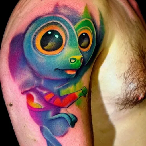 Image similar to shoulder tattoo of a multicolored hallucinating cute bush baby, eyes are rainbow spirals, happy mood, surrounded with colorful magic mushrooms and rainbowcolored marihuana leaves, insanely integrate