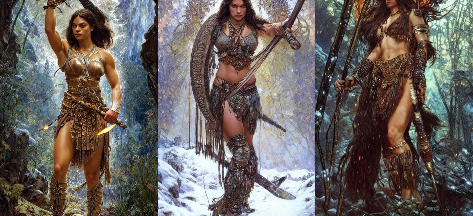 Prompt: epic muscled Mila Kunis as a beautiful warrior amazon woman walking out of a deep dark cave, snowy winter, fireflies, torches, 1960 fantasy, intricate, elegant, highly detailed, tasteful art by artgerm and donato giancola and alphonse mucha, WLOP