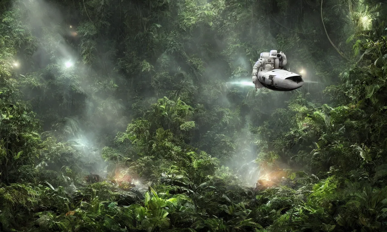 Prompt: Astronaut prometheus spaceship crashed in jungle , deep in the tropical rain forest ,wide angle low cinematic lighting atmospheric realistic octane render highly detailed in he style of craig mullins, full hd render 3d octane render unreal engine 5 Redshift Render Cinema4D C4D Rendered in Houdini Houdini-Render Blender Render Cycles Render OptiX-Render Povray Vray CryEngine LuxCoreRender MentalRay-Render Raylectron Infini-D-Render Zbrush DirectX Terragen Autodesk 3ds Max After Effects 4k UHD immense detail interdimensional lightning + studio quality enhanced quality