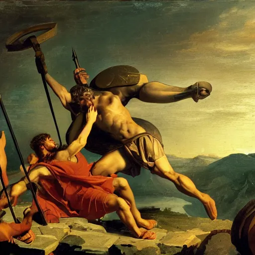 Image similar to a photograph of Achilles impaling Hector on top of Mount Olympus