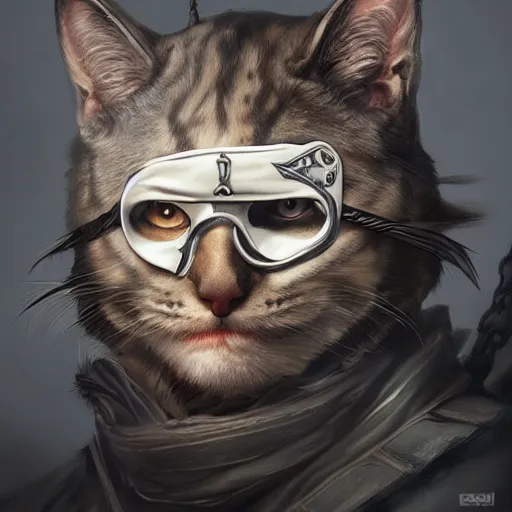 Image similar to portrait, male humanoid cat, eye patch on one eye, black fur, pirate, doctor, pirate clothes, d & d, fantasy, intricate, elegant, highly detailed, digital painting, artstation, concept art, matte, sharp focus, illustration, art by artgerm and greg rutkowski and alphonse mucha