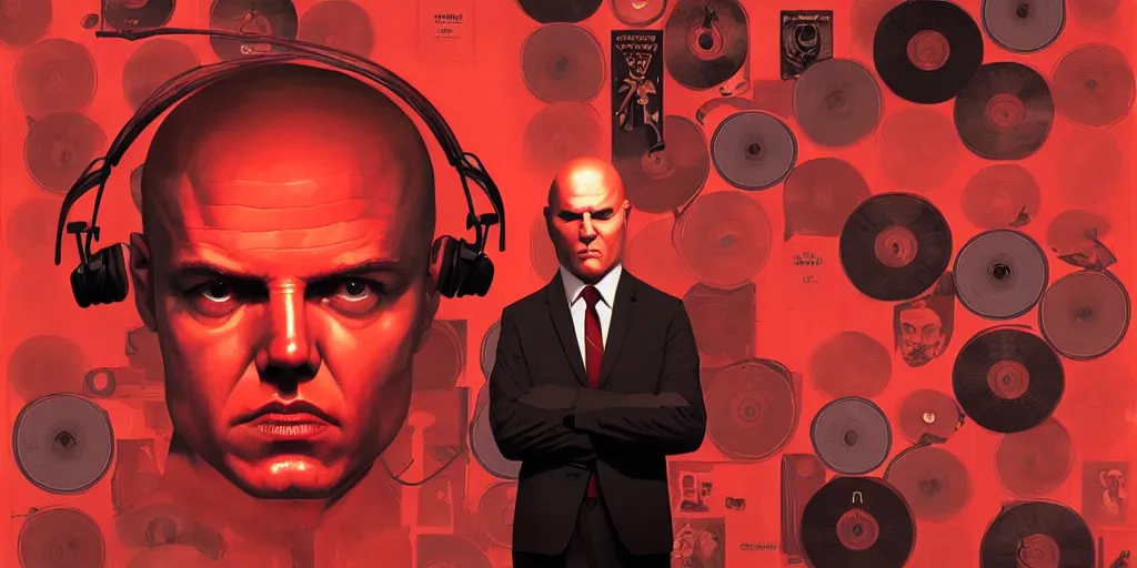 Image similar to a portrait of agent 4 7 from hitman wearing headphones in front of a wall of vinyl records, head being lit by red rim light, digital art, artstation, art by giger stalenhag