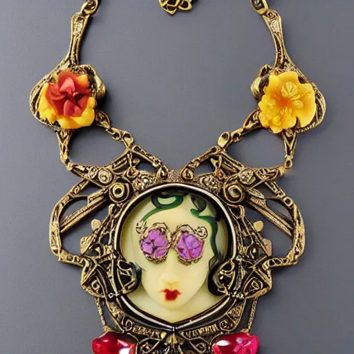 Image similar to beautiful artnouveau style necklace made of the face of a demoness and vampiress showing love with gem flowers in the style of René lalique