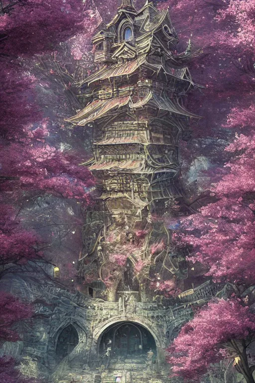 Image similar to hyperdetailed ancient wizard tower with sakura trees, cinematic highly detailed artstation hyperstylized illustrated by moebius and yoshitaka amano