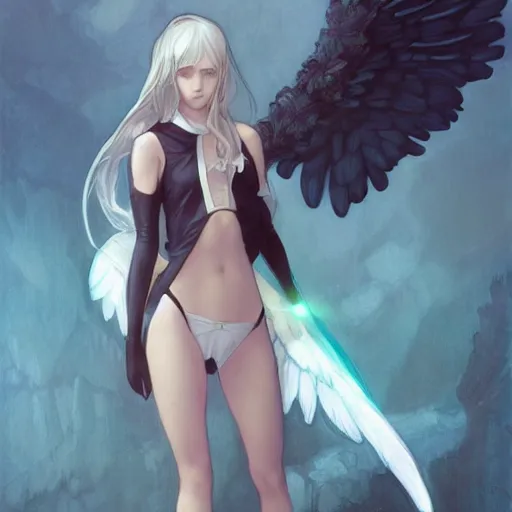 Image similar to cute girl bribing the district attorney. angel by krenz cushart and mucha and akihito yoshida and greg rutkowski, nier : automata inspired,