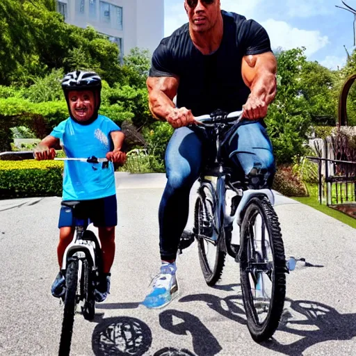 Prompt: the rock riding on a kids bike