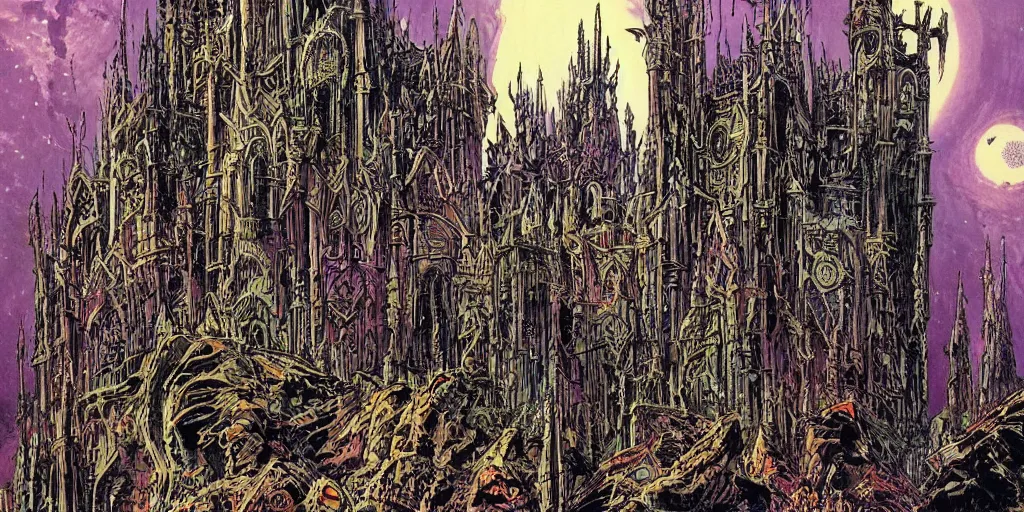 Image similar to scifi gothic castle bustling with orcs and elven mystics, by philippe druillet, psychedelic colors