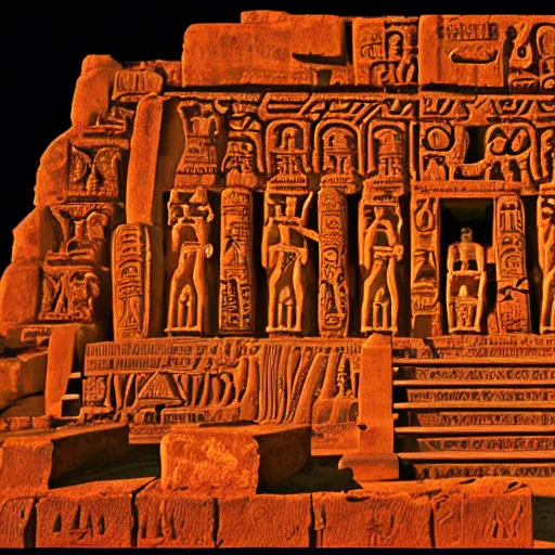 Image similar to lemuriab temple with carved hieroglyphs, mars landscape, martian lights and colors,