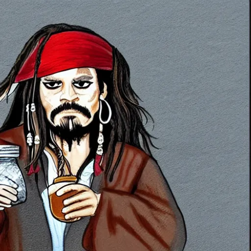 Prompt: Courtroom Sketch of Jack Sparrow holding a jar of poop in hand