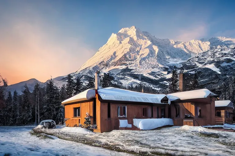 Image similar to architecture photo modern fachwerk house cottage settlement with Elbrus mountain on the background, architecture, photorealism 8k , shining and happy atmosphere, uplight, high details