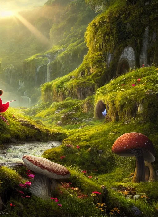 Image similar to an elegant fairy sitting and looking out at a lord of the rings scenery landscape, vast lush valley flowers and giant mushroom structures, stream, sunrise, god's rays highly detailed, vivid color, cinematic lighting, perfect composition, 8 k, gustave dore, derek zabrocki, greg rutkowski, belsinski, octane render