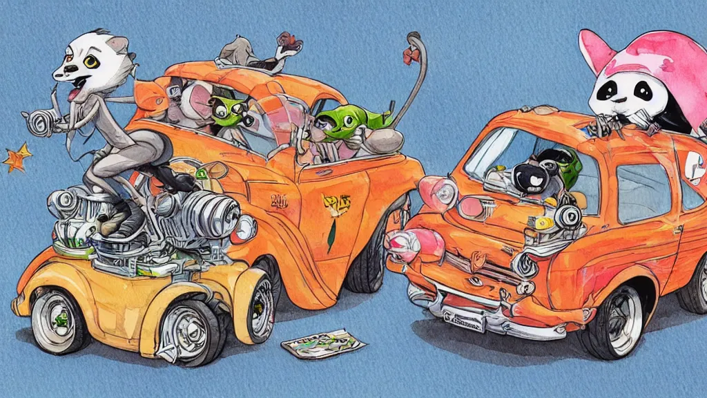 Image similar to cute and funny, racoon riding in a tiny hot rod coupe with oversized engine, ratfink style by ed roth, centered award winning watercolor pen illustration, third person isometric illustration by chihiro iwasaki, edited by range murata