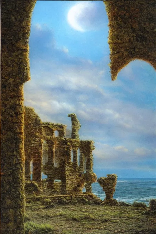 Prompt: ruins by the sea, fantasy puffy sky, matte painted by bob eggleton