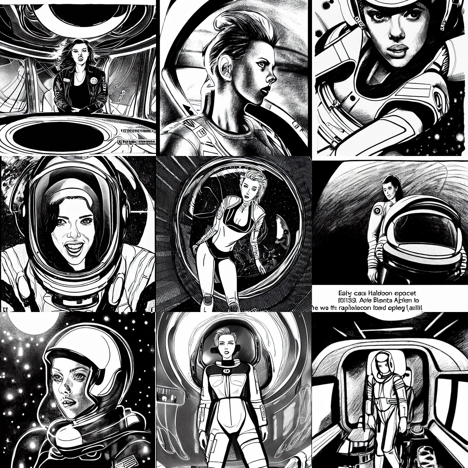 Prompt: scarlett johansson in spacesuit inside an alien aircraft interior, black and white, pencil and ink manga, ridley scott, dramatic lighting