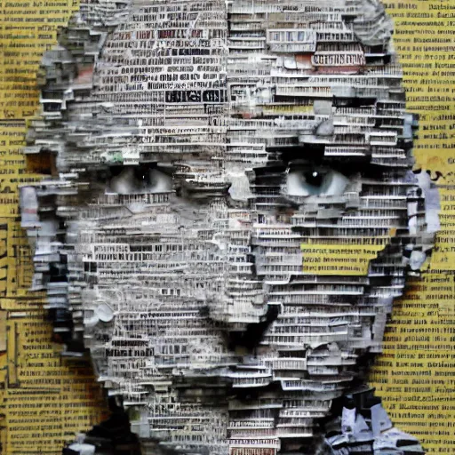 Prompt: portrait constructed from newspaper clips, layered composition, layers, texture, mcu, newspaper, highly textured, layered, sculpted, dynamic,